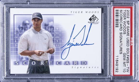 2002 SP Game Used "Scorecard Signatures" #SS-TW Tiger Woods Signed Card - PSA GEM MT 10